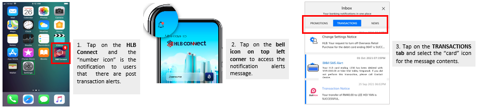 How do I retrieve my transaction notifications in the HLB Connect App?